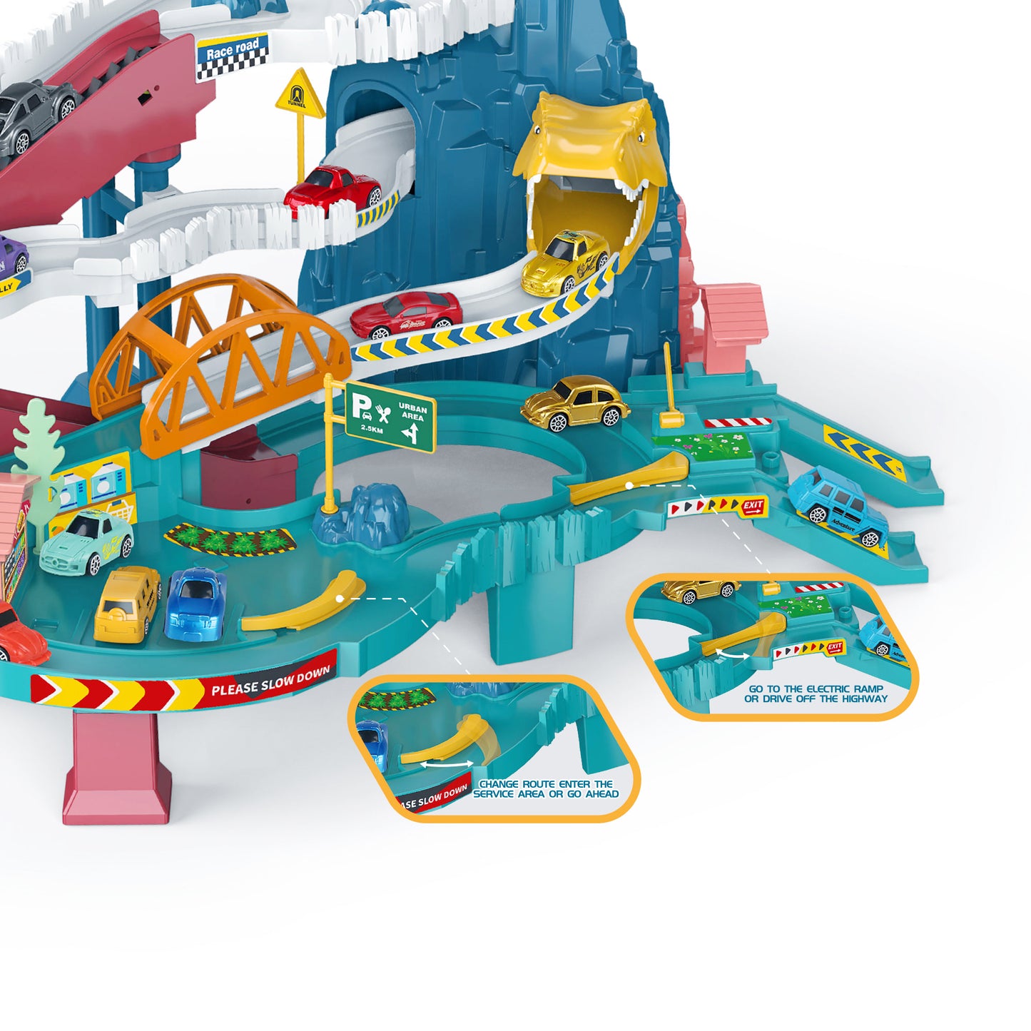 Toy Car Ramp Track Dinosaur Climbing Hills Railcar Colorful Vehicles Construction Play Set with 12 Mini Racer Cars and Track for Preschool Gifts Kids Ages 3 Years and Older (Dinosaur Hill)