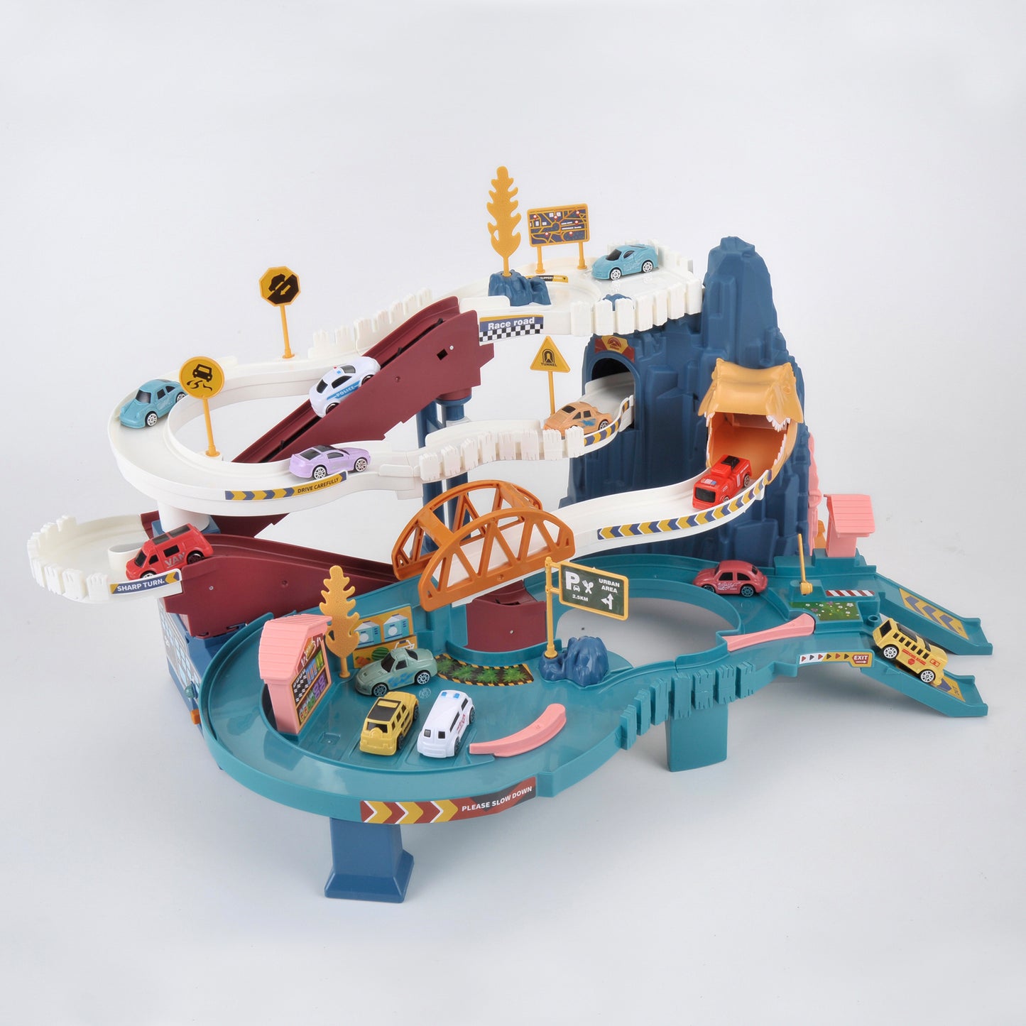 Toy Car Ramp Track Dinosaur Climbing Hills Railcar Colorful Vehicles Construction Play Set with 12 Mini Racer Cars and Track for Preschool Gifts Kids Ages 3 Years and Older (Dinosaur Hill)