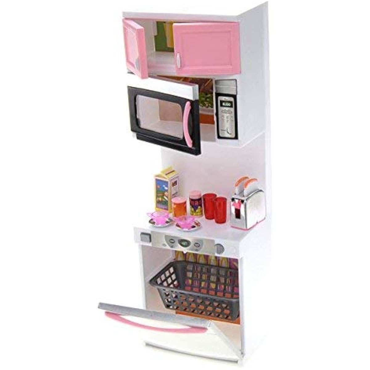 Kitchen Play Set, Mini Modern Toy Pink Kitchen Pretend Play Furnitures Toy Set Accessories Set with Realistic Light & Sound for Kids Toddlers Girls (4-in-1)