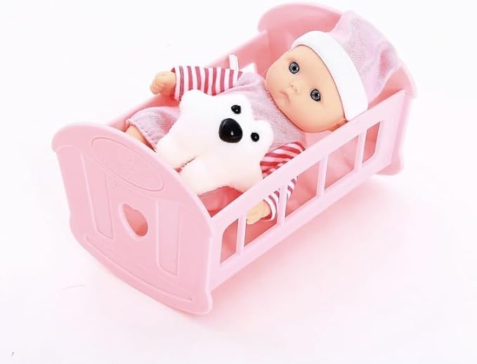 6 Set of Mini 5 Inch Baby Girl Toy Dolls Collection with High Chair, Cradle, Walker, Swing, Bathtub and Baby Seat Accessories for Girls 3-6 Years Old