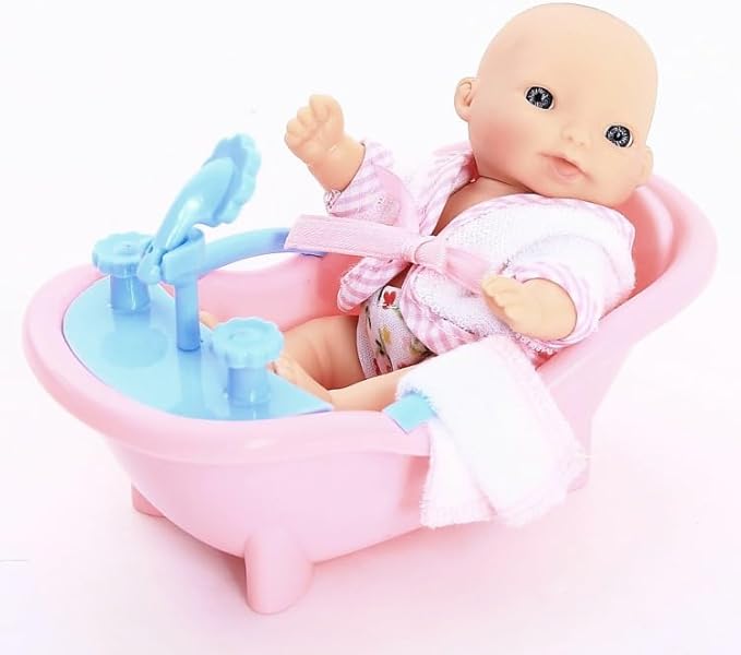 6 Set of Mini 5 Inch Baby Girl Toy Dolls Collection with High Chair, Cradle, Walker, Swing, Bathtub and Baby Seat Accessories for Girls 3-6 Years Old