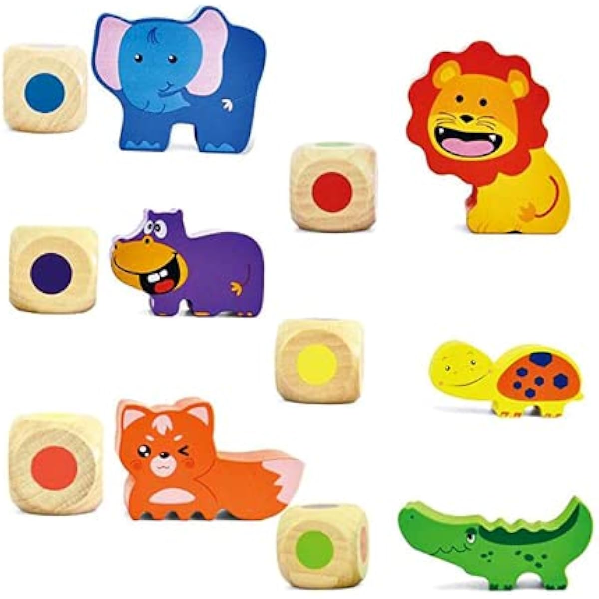 PowerTRC Cute & Colorful Wooden Animal Stacking Building Blocks for Boys & Girls with 12 Wooden Animals, 1 Dice with Color Spot & 1 Boat Blocks (14 Total Pieces)