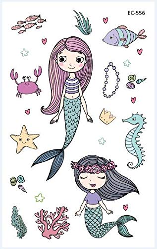 PowerTRC Temporary Tattoos Mermaid Cartoon For Kids, 12 Sheets Set, With 4 Unique Sheet Styles, Easy To Apply And Remove Fake Tattoos, Birthday Party Supplies, Ocean Theme For Boys And Girls