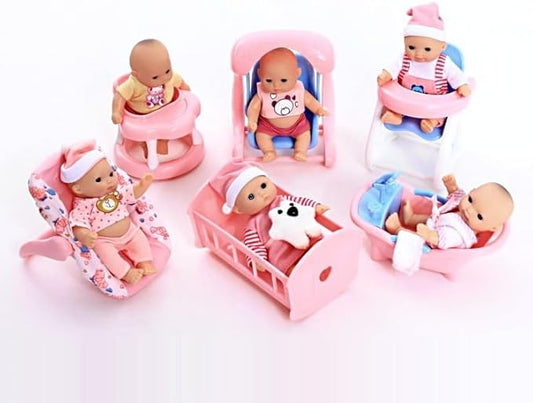 6 Set of Mini 5 Inch Baby Girl Toy Dolls Collection with High Chair, Cradle, Walker, Swing, Bathtub and Baby Seat Accessories for Girls 3-6 Years Old