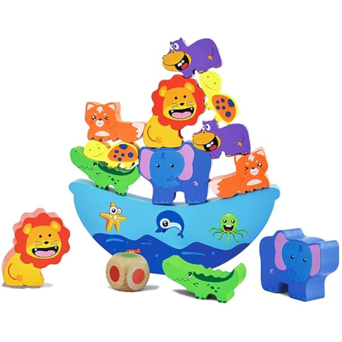 PowerTRC Cute & Colorful Wooden Animal Stacking Building Blocks for Boys & Girls with 12 Wooden Animals, 1 Dice with Color Spot & 1 Boat Blocks (14 Total Pieces)