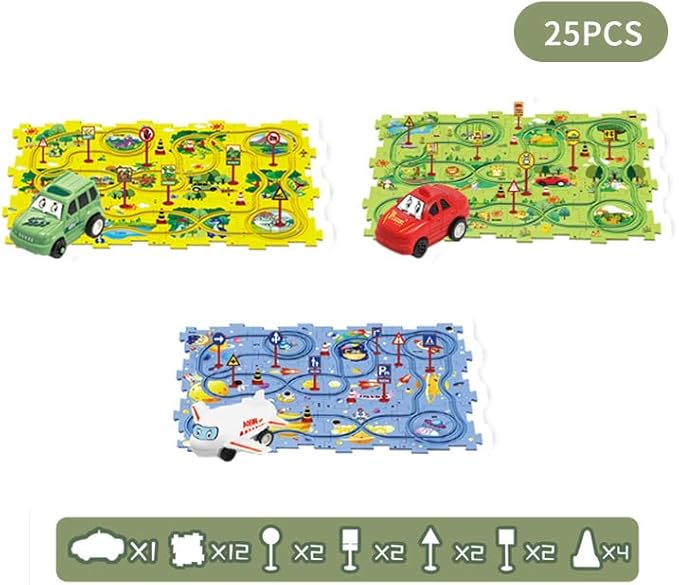 Puzzle Track Car Playset, 25 Pcs Puzzle Racer Kids Car Track Set, Toys for Boys 3-5, Floor Puzzle Adventure Track Set, Car Set for Boys 3-5 Toddler Toy Gift (Jungle Theme)