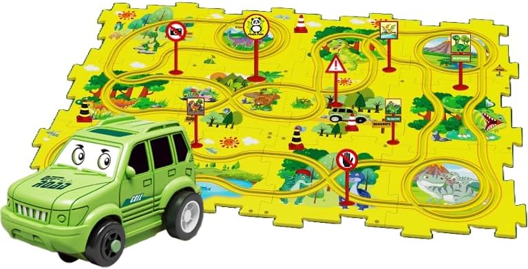 Puzzle Track Car Playset, 25 Pcs Puzzle Racer Kids Car Track Set, Toys for Boys 3-5, Floor Puzzle Adventure Track Set, Car Set for Boys 3-5 Toddler Toy Gift (Jungle Theme)