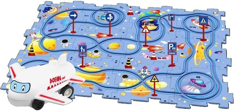 Puzzle Track Car Playset, 25 Pcs Puzzle Racer Kids Car Track Set, Toys for Boys 3-5, Floor Puzzle Adventure Track Set, Car Set for Boys 3-5 Toddler Toy Gift (Jungle Theme)
