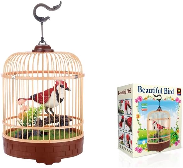 Singing & Chirping Bird in Cage, Realistic Sounds & Movements, Sound Activated, Battery Operated, Great Desk and Room Accessory, Pet Caged Bird Toy (10” x 7”)