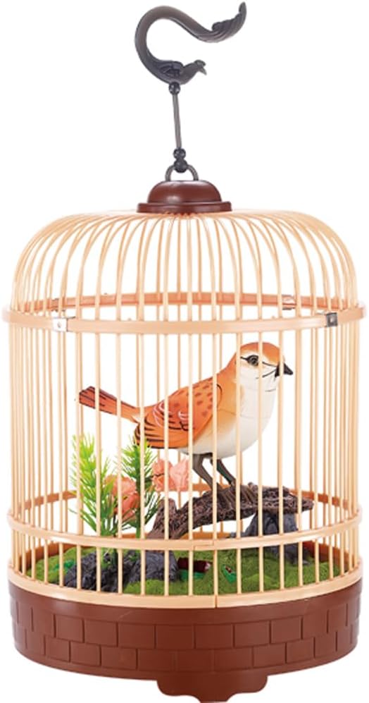 Singing & Chirping Bird in Cage, Realistic Sounds & Movements, Sound Activated, Battery Operated, Great Desk and Room Accessory, Pet Caged Bird Toy (10” x 7”)