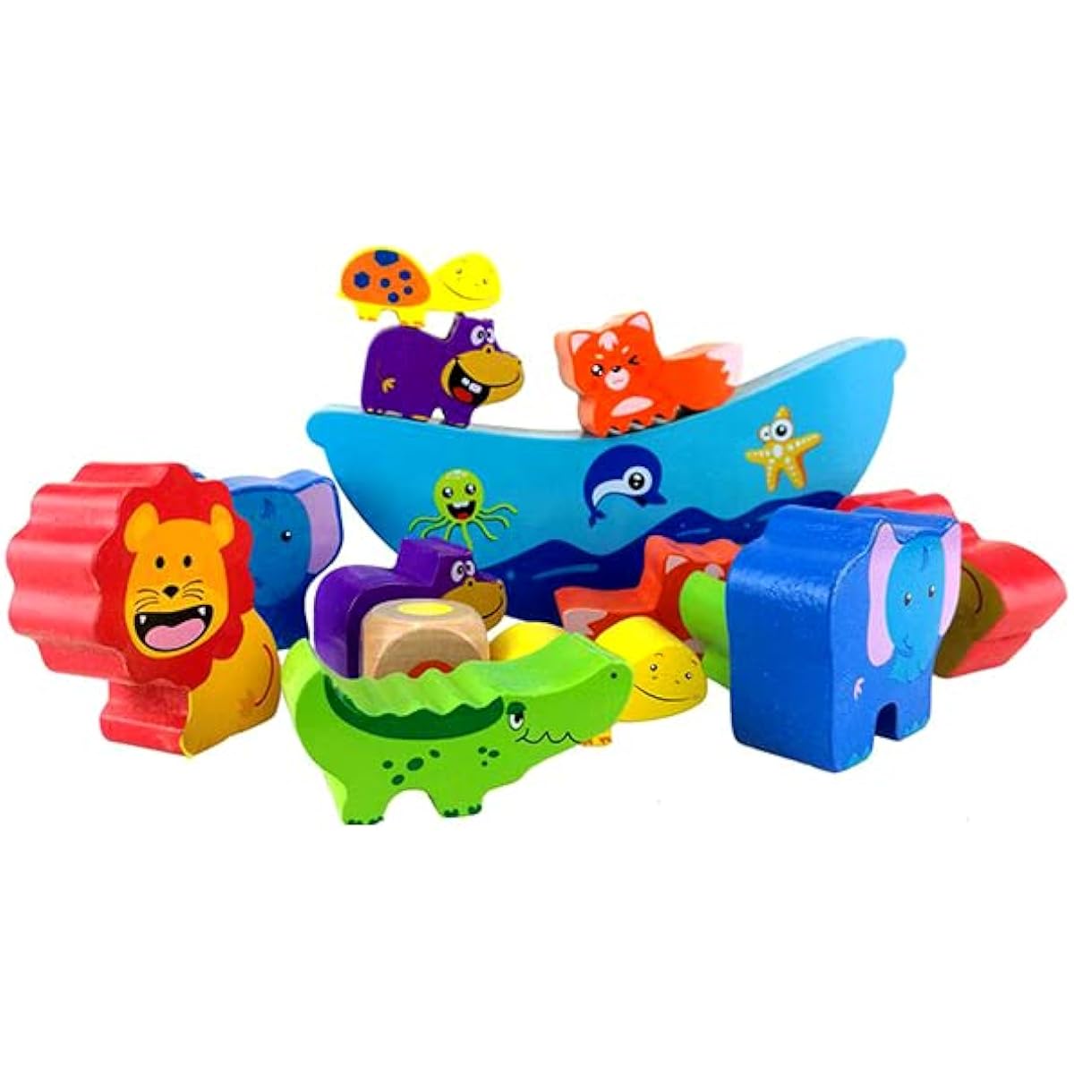 PowerTRC Cute & Colorful Wooden Animal Stacking Building Blocks for Boys & Girls with 12 Wooden Animals, 1 Dice with Color Spot & 1 Boat Blocks (14 Total Pieces)