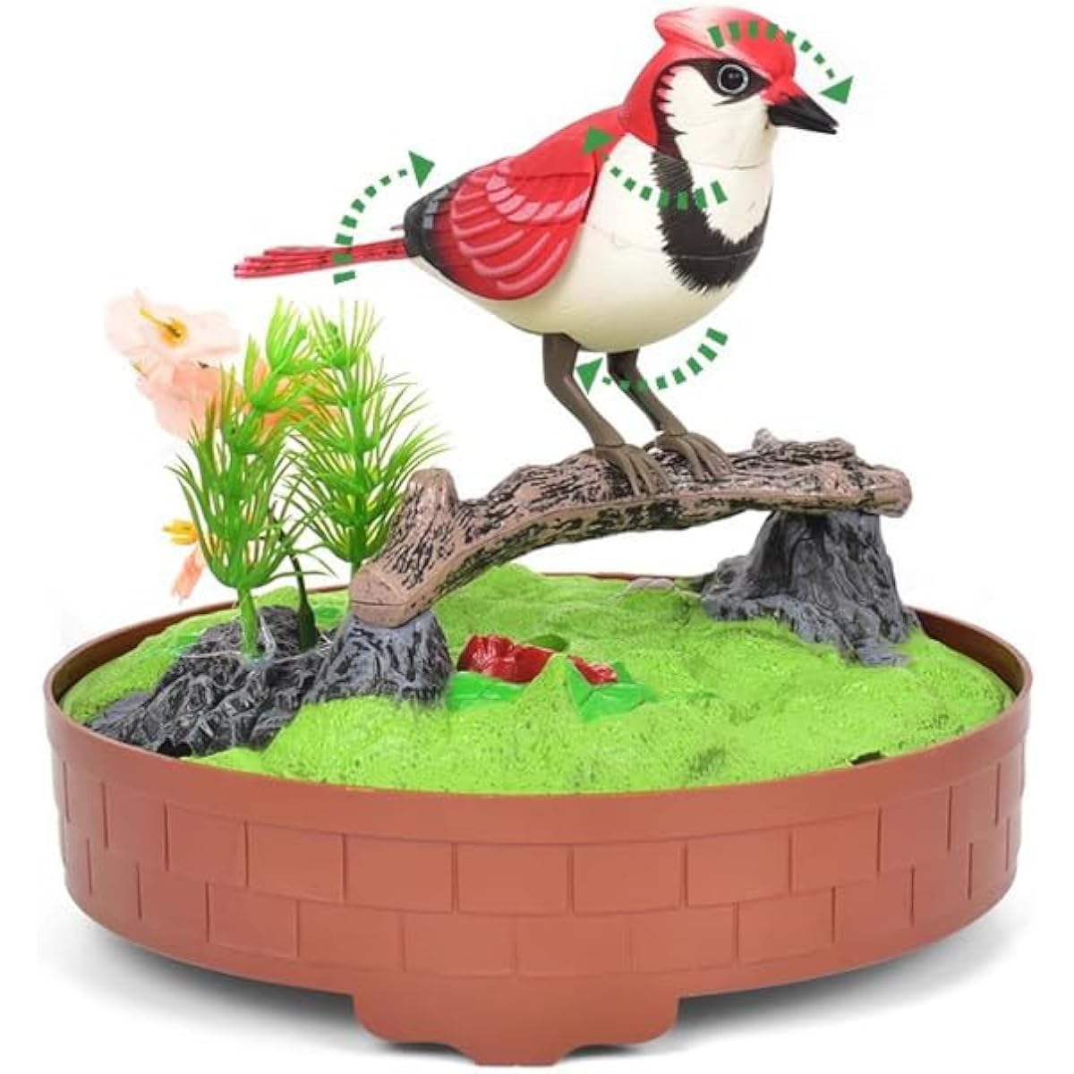 Singing & Chirping Bird in Cage, Realistic Sounds & Movements, Sound Activated, Battery Operated, Great Desk and Room Accessory, Pet Caged Bird Toy (10” x 7”)