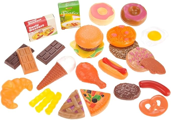 30 Pieces Deluxe Fast Food & Dessert Play Food Cooking Set| Colorful Pretend Play Kitchen Accessories | Unique Gift for Toddlers, Boys & Girls