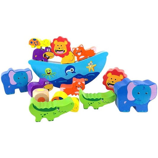 PowerTRC Cute & Colorful Wooden Animal Stacking Building Blocks for Boys & Girls with 12 Wooden Animals, 1 Dice with Color Spot & 1 Boat Blocks (14 Total Pieces)