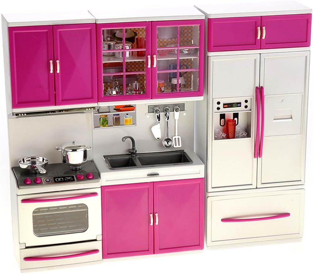 Doll Kitchen Playset, Mini Modern Kitchen Toys Pretend Play Furnitures Toy Sets Accessories Set with Realistic Light & Sound for Kids Toddlers Girls