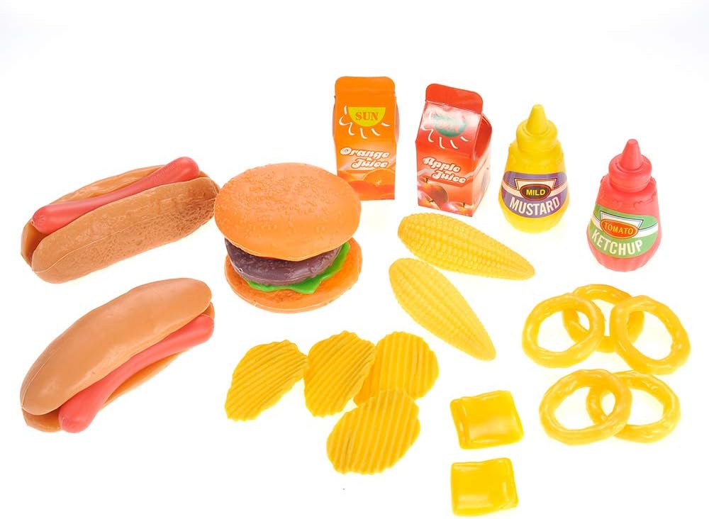 26 Pcs Deluxe Kids Fast Food Play Set – Pretend Burger, Hot Dog, Potato Chips, Onion Rings, Corn and More, Cooking Play Set Play Kitchen Accessories