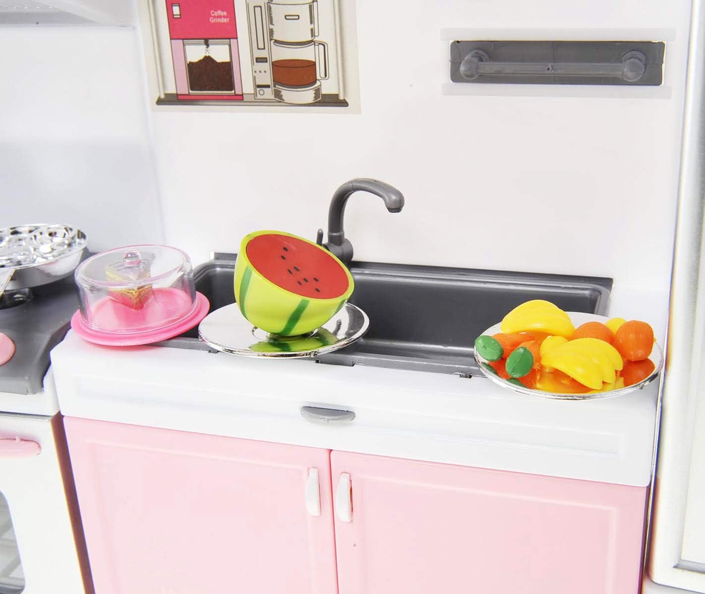 Kitchen Play Set, Mini Modern Toy Pink Kitchen Pretend Play Furnitures Toy Set Accessories Set with Realistic Light & Sound for Kids Toddlers Girls (4-in-1)