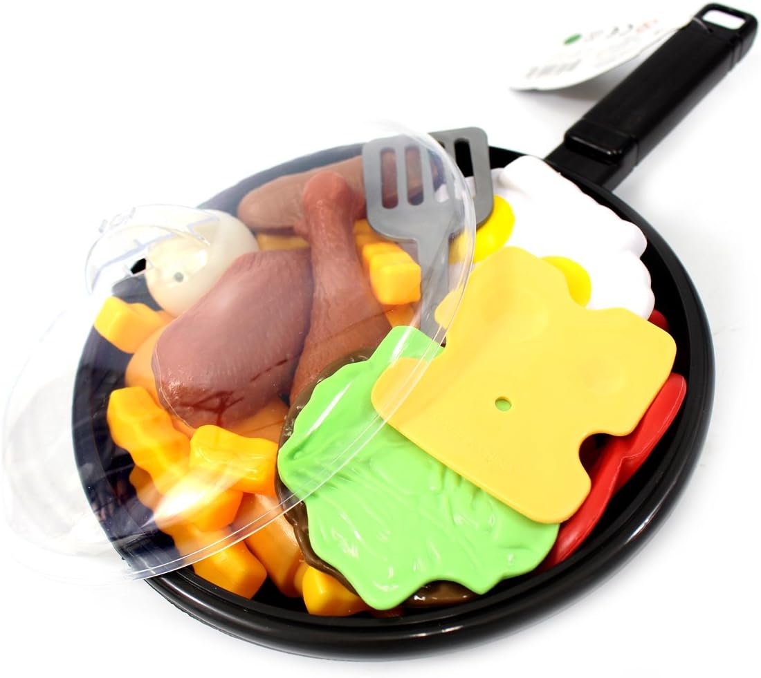 25 Pcs Play Food Kids Toy Set for Toddlers, Kitchen Cooking Toy Fast Food Pretend Play Toy Grill Set with Pan, Spatula & Sauce Bottles