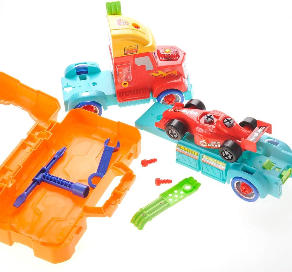Take Apart Toy Set Truck & Racing Car for Kids, Build Your Own Vehicle Playset with Lights, Engine Sound, Screwdriver & Wrench, Learning Construction Kit for Toddlers Kids Boys Girls Ages 3 4 5 6 7