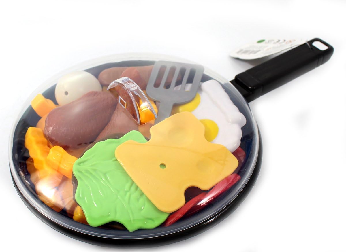 25 Pcs Play Food Kids Toy Set for Toddlers, Kitchen Cooking Toy Fast Food Pretend Play Toy Grill Set with Pan, Spatula & Sauce Bottles