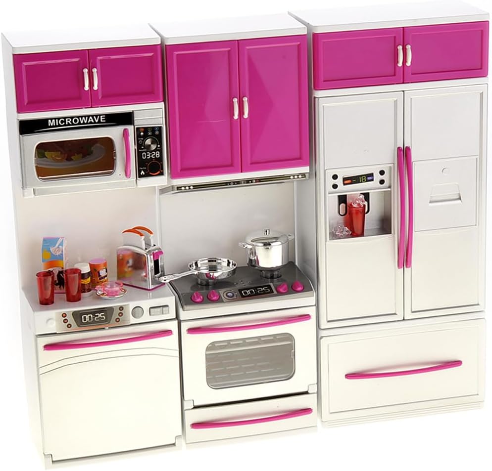 Doll Kitchen Playset, Mini Modern Kitchen Toys Pretend Play Furnitures Toy Sets Accessories Set with Realistic Light & Sound for Kids Toddlers Girls