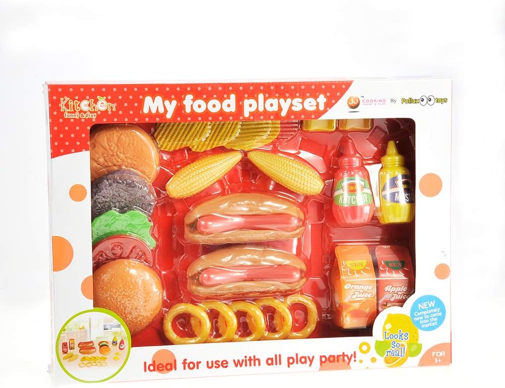 26 Pcs Deluxe Kids Fast Food Play Set – Pretend Burger, Hot Dog, Potato Chips, Onion Rings, Corn and More, Cooking Play Set Play Kitchen Accessories