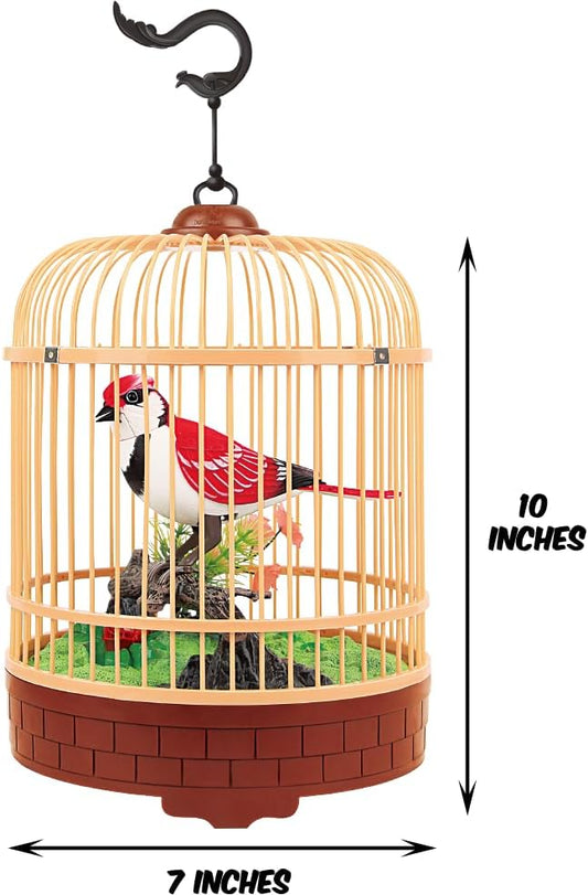 Singing & Chirping Bird in Cage, Realistic Sounds & Movements, Sound Activated, Battery Operated, Great Desk and Room Accessory, Pet Caged Bird Toy (10” x 7”)