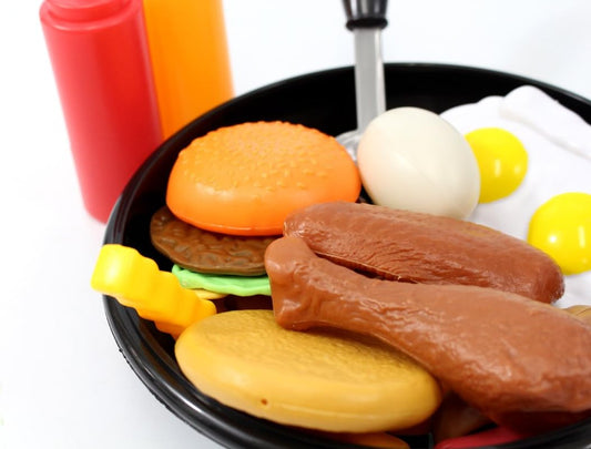 25 Pcs Play Food Kids Toy Set for Toddlers, Kitchen Cooking Toy Fast Food Pretend Play Toy Grill Set with Pan, Spatula & Sauce Bottles