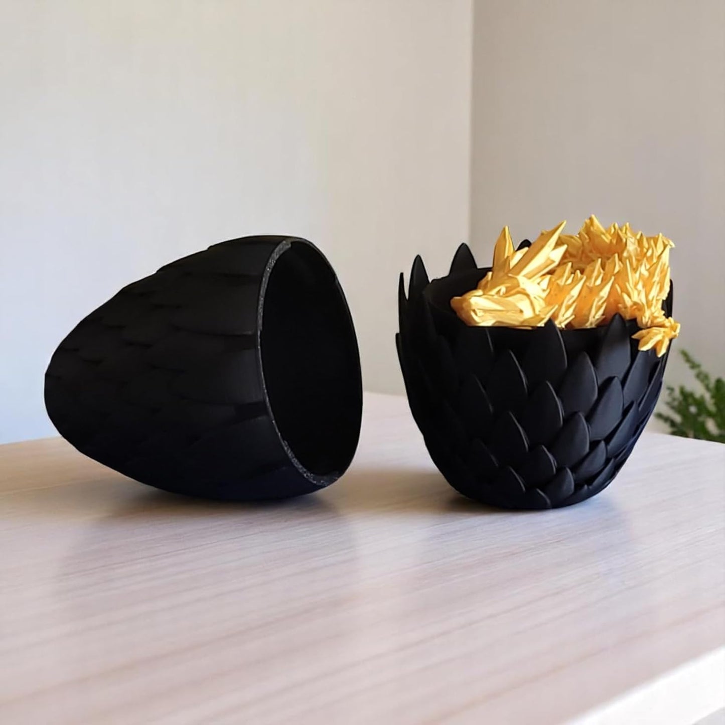 PowerTRC 3D Printed Dragon Egg with Dragon - Black Egg with Gold Dragon - Large Flexible Fidget 3D Printed Toy, Gift Bag Filler, Desk Decoration, Party Favor, Easter Basket Stuffers (12 Inch Dragon)