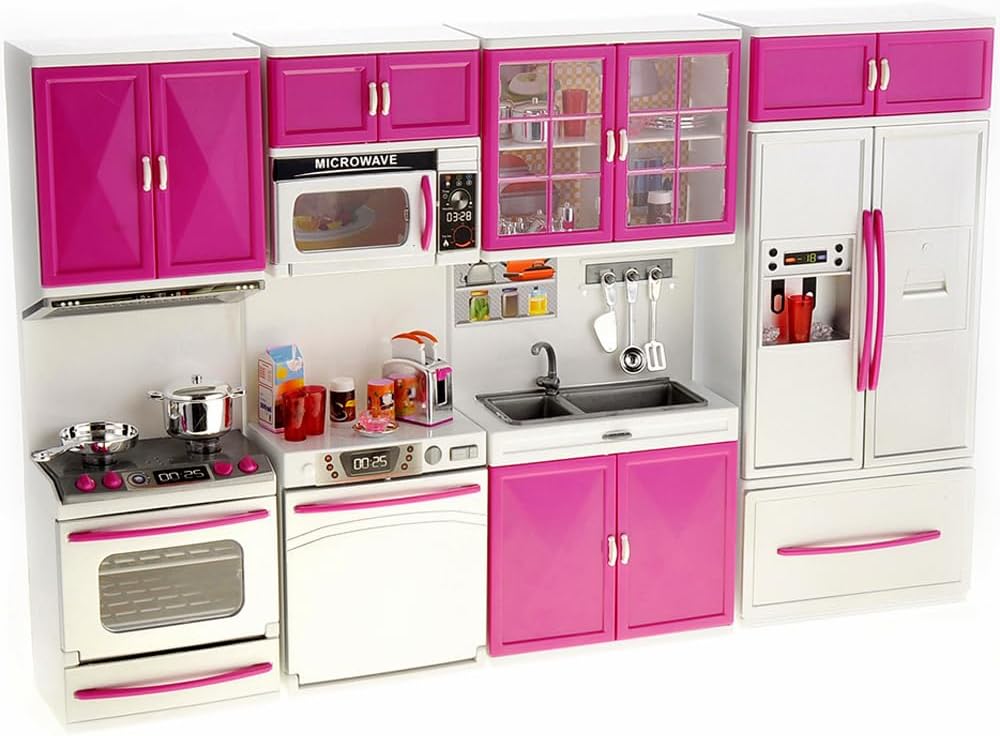 Doll Kitchen Playset, Mini Modern Kitchen Toys Pretend Play Furnitures Toy Sets Accessories Set with Realistic Light & Sound for Kids Toddlers Girls