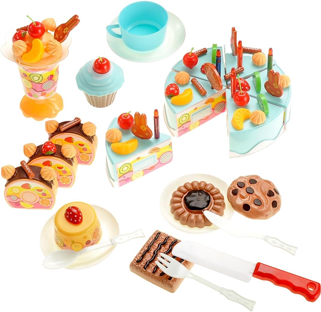 75 Pcs DIY Birthday Cake Food Cutting Kitchen Toy Set | Pretend Party Role Play Sweet Tea Party Set Gift with Cake, Ice Cream, Biscuit, Removable Candles & Stickers for Kids (Blue)