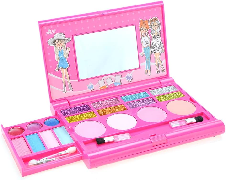 PowerTRC Washable Makeup Pretend Play Set for Kids | Fold-Out Cosmetic Kit with Mirror | Safe, Non-Toxic Toy Makeup Palette for Girls