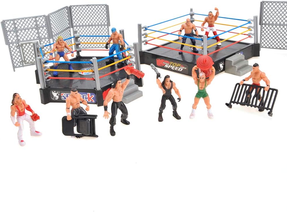32 Pieces Wrestling Toys, Wrestler Play Set with 2 Wrestle Rings (Hexagon & Square), 12 Wrestlers, 18 Accessories, Toy Figures Cake Topper Birthday Party Decoration Gift Toy for Kids