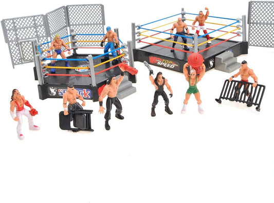 PowerTRC 2 Pack 32 Pieces Wrestling Toys, Wrestler Play Set with 2 Wrestle Rings (Hexagon & Square), 12 Wrestlers, 18 Accessories, Toy Figures Cake Topper Birthday Party Decoration Gift Toy for Kids
