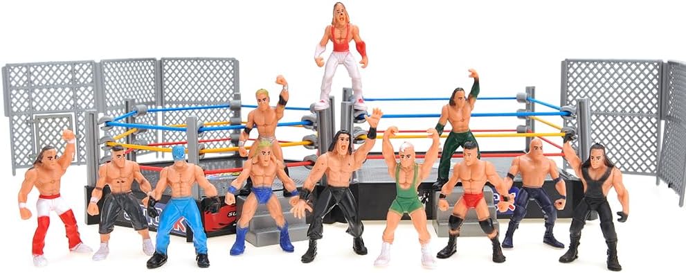 32 Pieces Wrestling Toys, Wrestler Play Set with 2 Wrestle Rings (Hexagon & Square), 12 Wrestlers, 18 Accessories, Toy Figures Cake Topper Birthday Party Decoration Gift Toy for Kids