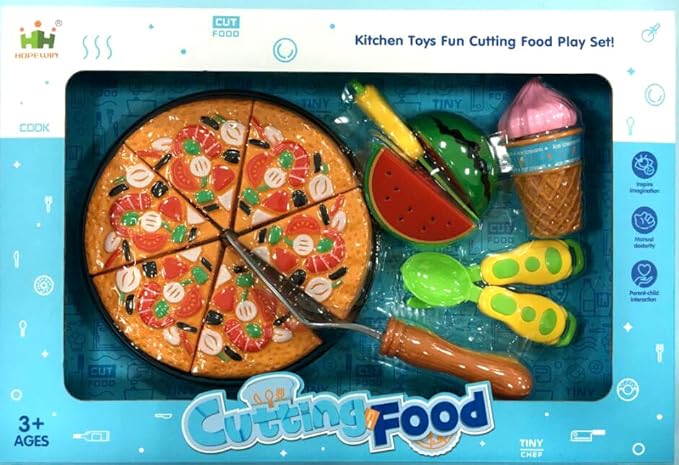 Cutting Play Food for Toddler Kids Toy Kitchen, Pizza Toy Set Pretend Cooking Fast Food Playset Educational Toy for Ages 3+ Years