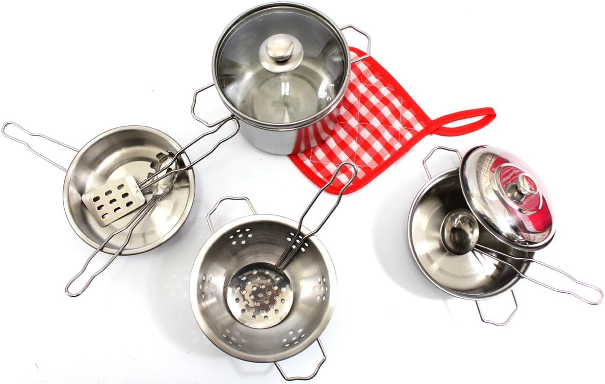 Real Steel Kid Pots and Pans Play Set for Toddlers| Pretend Kitchen Cooking Dress Up Mini Pots and Pans Toy Set for Ages 3+