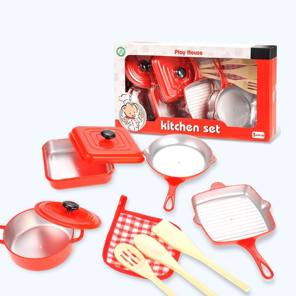 10 Piece Pots and Pans Kitchen Cookware Playset for Kids with Cooking Utensils Set, Pretend Toy for Kids 3-6