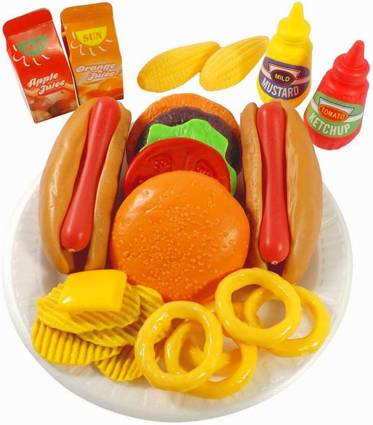 26 Pcs Deluxe Kids Fast Food Play Set – Pretend Burger, Hot Dog, Potato Chips, Onion Rings, Corn and More, Cooking Play Set Play Kitchen Accessories
