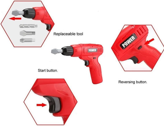 Kids Power Tools Mini Toy Drill Set with 3 Interchangeable Drill Bits Sound and Motion | Pretend Play | Kids Tools