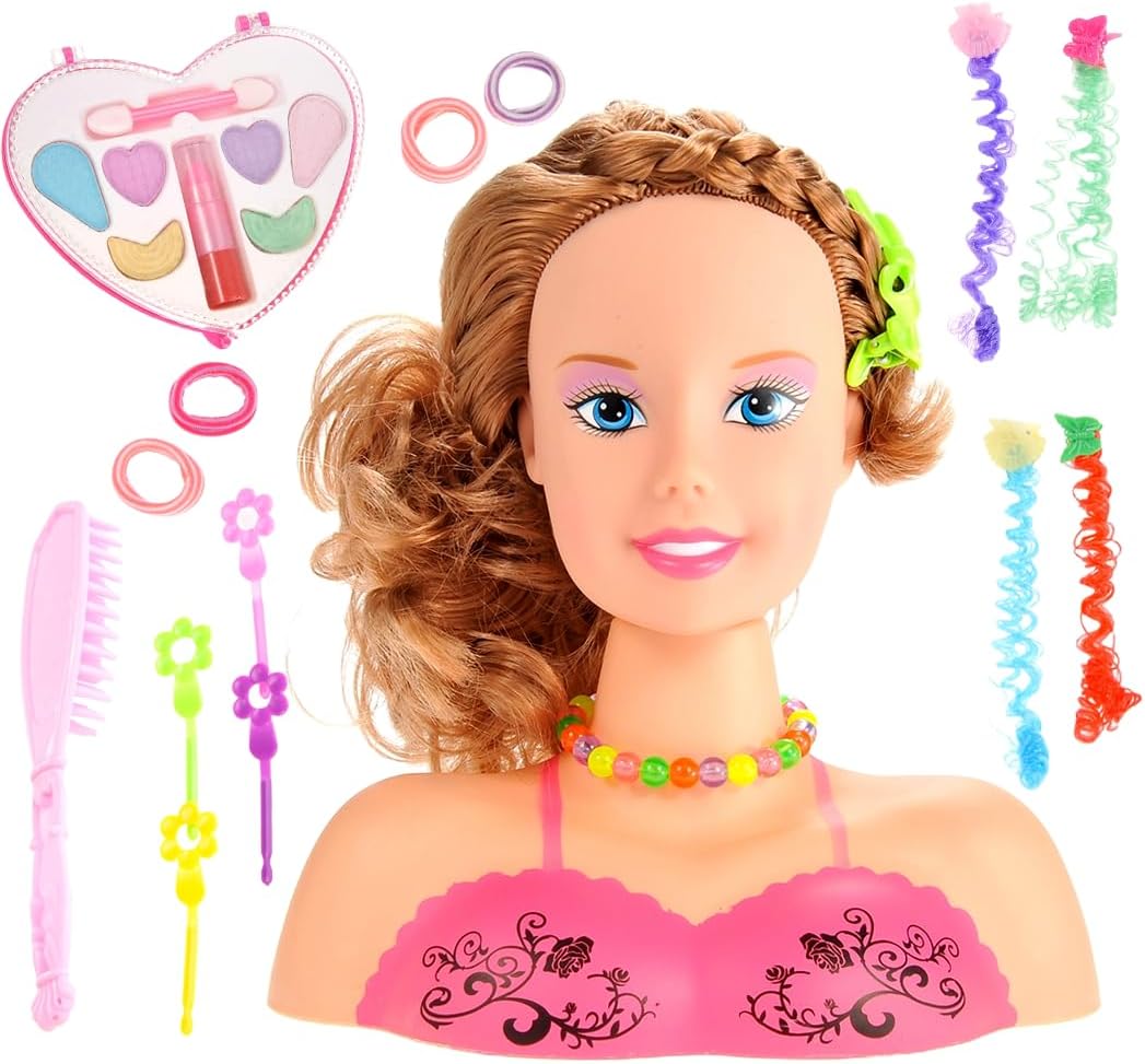 Makeup Doll Head for Hair Styling Kids Toy Kit - Washable Cosmetic Pretend Play Set with Fashion Accessories, Make up Doll for Girls Hair Dresser