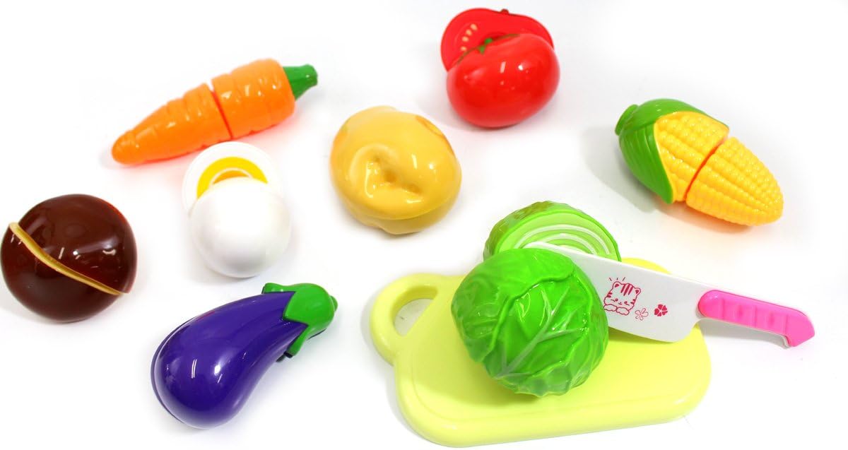 18 Pcs 10 Items Kitchen Cutting Play Fruit & Vegetables Toy for Kids | Pretend Cooking Vegan Play Set | Educational & Imaginative Birthday Gift for Toddler & Baby, Boys & Girls