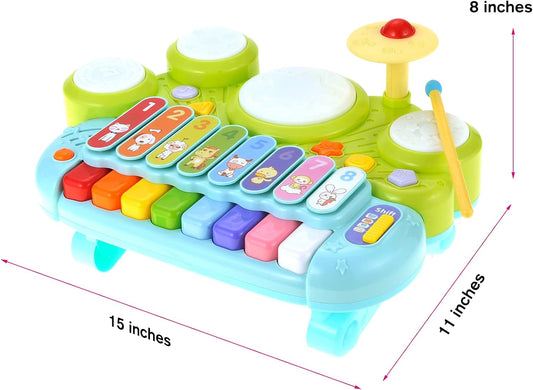 3 in 1 Musical Instrument Toy for Baby & Toddler, Electronic Piano Keyboard with Xylophone and Drum Set, Learning Toy with Lights and Sound, Educational Montessori Toys for Babies