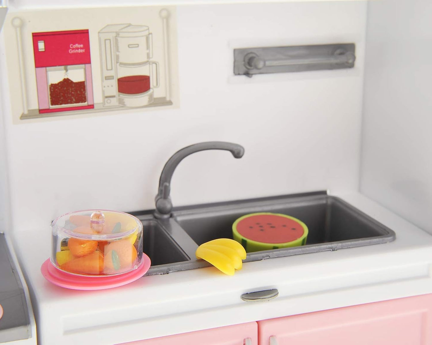 Doll Kitchen Play Set, Mini Modern Toy Pink Kitchen Pretend Play Furnitures Toy Set Accessories Set with Realistic Light & Sound for Kids Toddlers Girls (3-in-1)