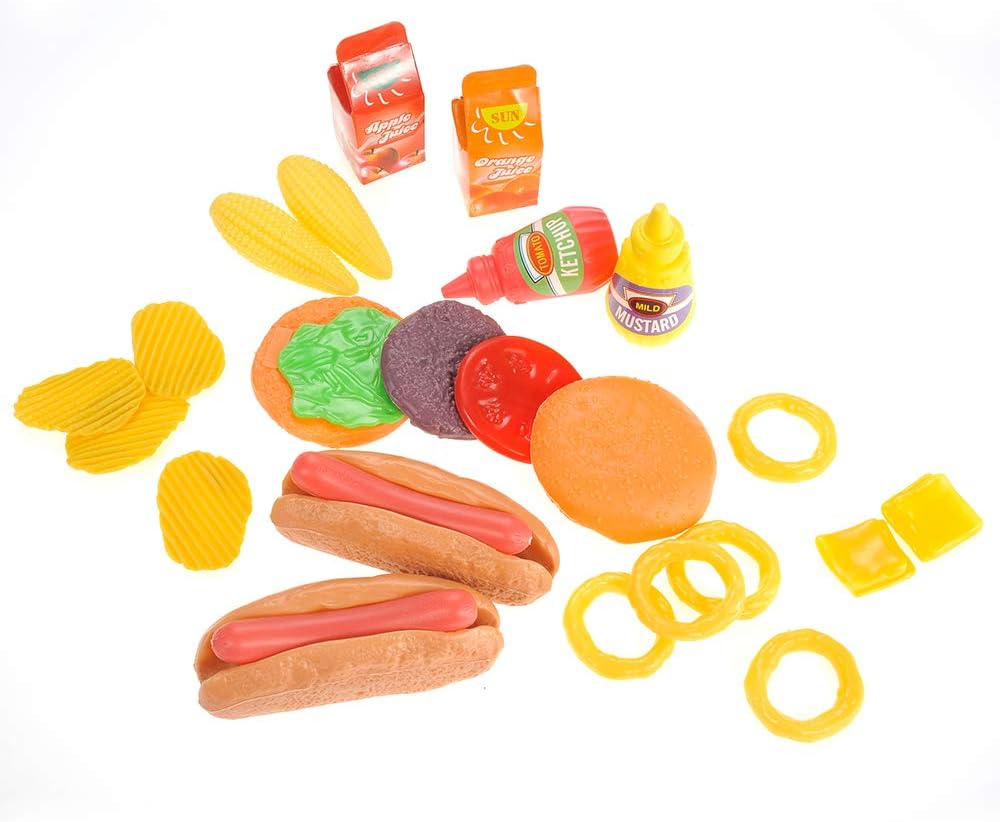 26 Pcs Deluxe Kids Fast Food Play Set – Pretend Burger, Hot Dog, Potato Chips, Onion Rings, Corn and More, Cooking Play Set Play Kitchen Accessories