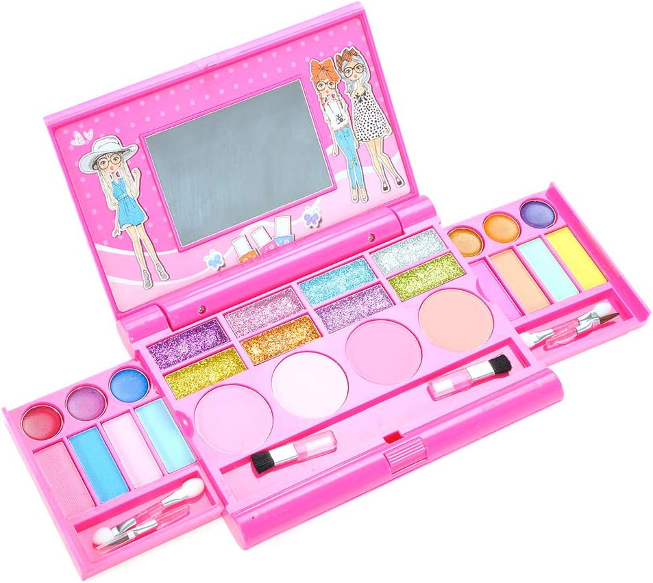 PowerTRC Washable Makeup Pretend Play Set for Kids | Fold-Out Cosmetic Kit with Mirror | Safe, Non-Toxic Toy Makeup Palette for Girls