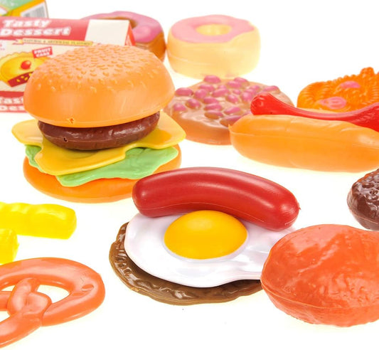 30 Pieces Deluxe Fast Food & Dessert Play Food Cooking Set| Colorful Pretend Play Kitchen Accessories | Unique Gift for Toddlers, Boys & Girls