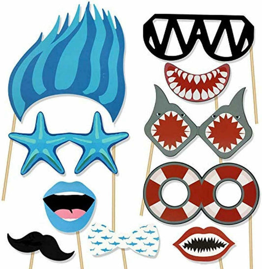 Photo Booth Props | Ocean Shark Themed Photo Booth Party Props | Birthday Party Supply Props for Photos and Decoration | 25 Piece Variety Props