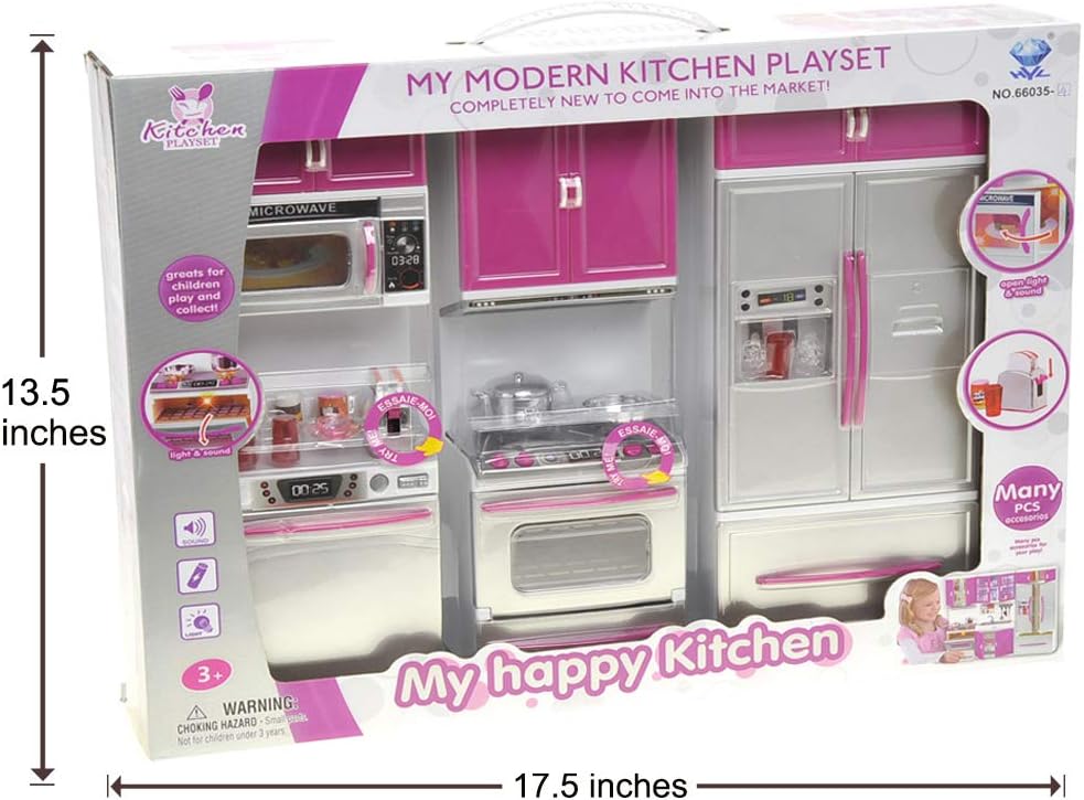 Doll Kitchen Playset, Mini Modern Kitchen Toys Pretend Play Furnitures Toy Sets Accessories Set with Realistic Light & Sound for Kids Toddlers Girls