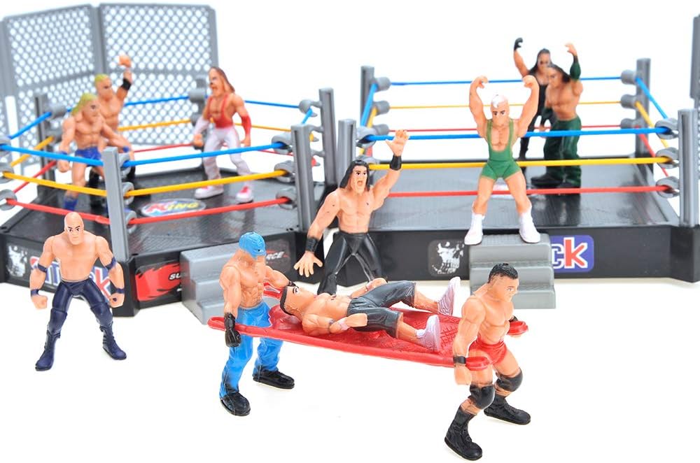 32 Pieces Wrestling Toys, Wrestler Play Set with 2 Wrestle Rings (Hexagon & Square), 12 Wrestlers, 18 Accessories, Toy Figures Cake Topper Birthday Party Decoration Gift Toy for Kids